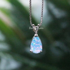 Minimalist Droplet White Fire Opal Pendant Sterling Silver Dainty Necklace Gift