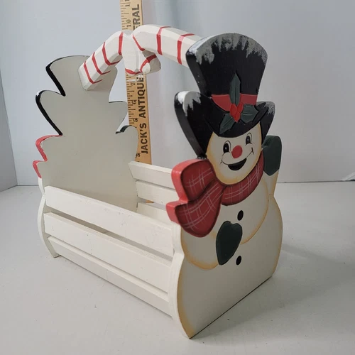 Snowman Wood Basket Card Holder With Handle Hand Painted Christmas Vintage