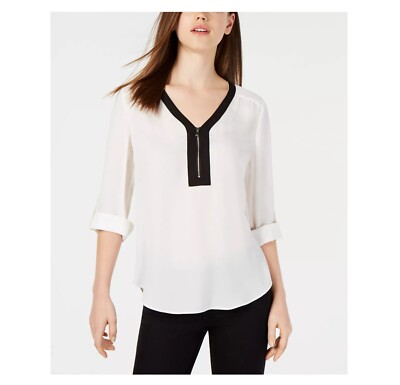BCX Juniors XL White Black Colorblocked Zip Front VNeck Roll Tab Top NWD AS24