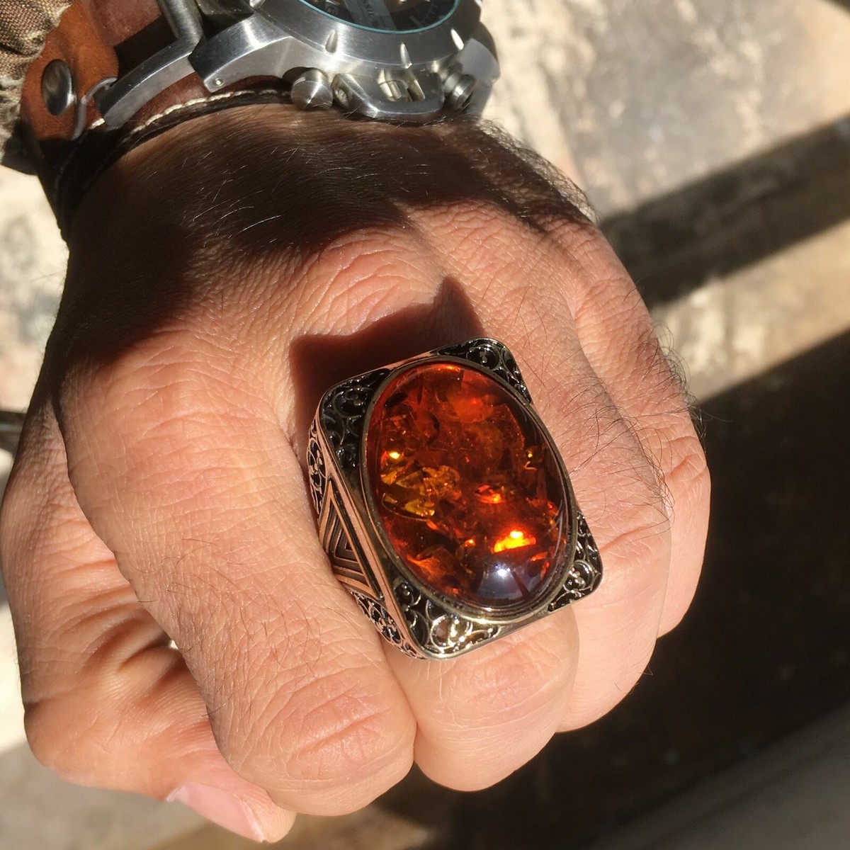 Solid 925 Sterling Silver Men's Islamic Ring - La Galibe Illallah Written In Amber Stone