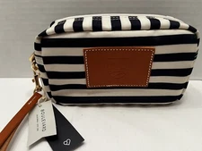 Boulevard Cosmic Bravo Make Up Bag Blue Stripe Leather Trim & Wristlet NWT