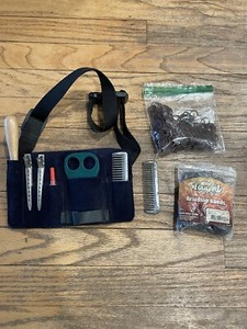 Horse Braiding Bundle - Navy Suede Pouch with Belt, 6 Tools + Brown Braid Bands