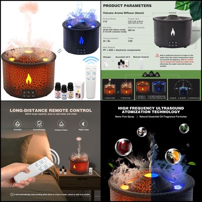 Essential Oil Diffuser Volcano Humidifier with Flame & Volcano Mist Mode Timer