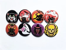 Vintage Reproduction Halloween Pinback Buttons Magnets & Bottle Openers.  Set 03