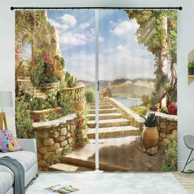 Step Trace Water Sky 3D Curtain Blockout Photo Printing Curtains Drape Fabric