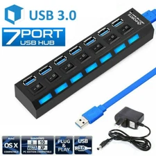 7 Ports USB Hub 3.0 Powered Splitter ON/OFF Switch AC Adapter Cable PC Laptop