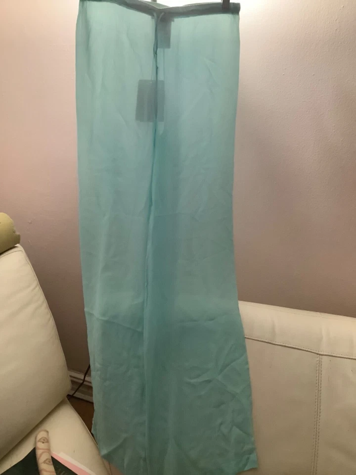 Nuevo con etiquetas Pantalón Emilio Pucci Aqua Plateado Rayas Seda Transparente Pierna Ancha Talla 36/6