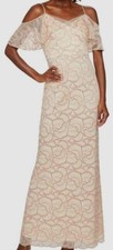 $200 Adrianna Papell Women's Beige Pink Metallic Lace Cold Shoulder Gown Size 6