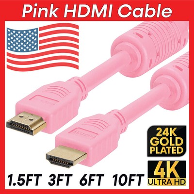 Pink HDMI Cord HDTV HDR 4K HDMI Cable ARC 3D Ethernet Laptop PS4 Nintendo XBOX