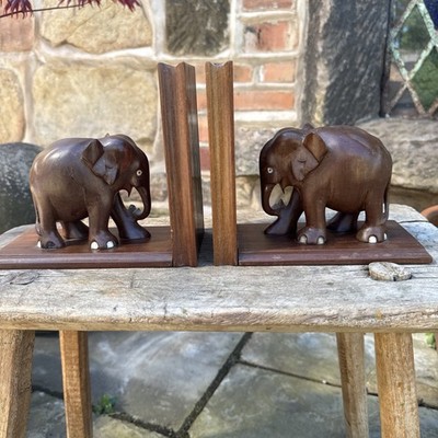 Vintage handgefertigte Massivholz Elefant Buchstützen 2er Set gutes Gewicht