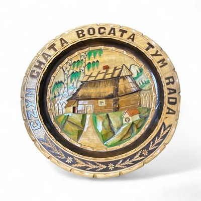 Vintage Polish Folk Art Wood Plate Czym Chata Bocata Tym Rada Carved 11.5''