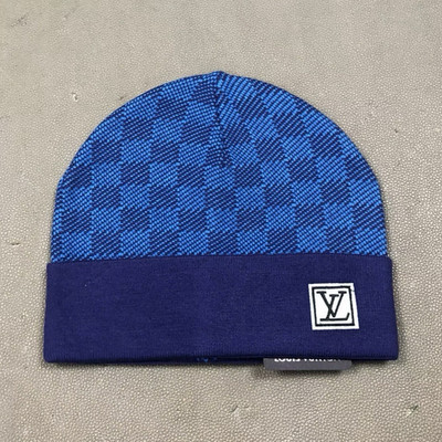 Blue/Navy Check Knit Acrylic Beanie Winter Hat w/ LV Patch, One Size