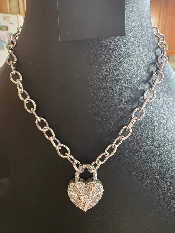 17” Judith Ripka Sterling Silver Basket Weave Chain Link Heart Charm Necklace  - Image 2 of 4