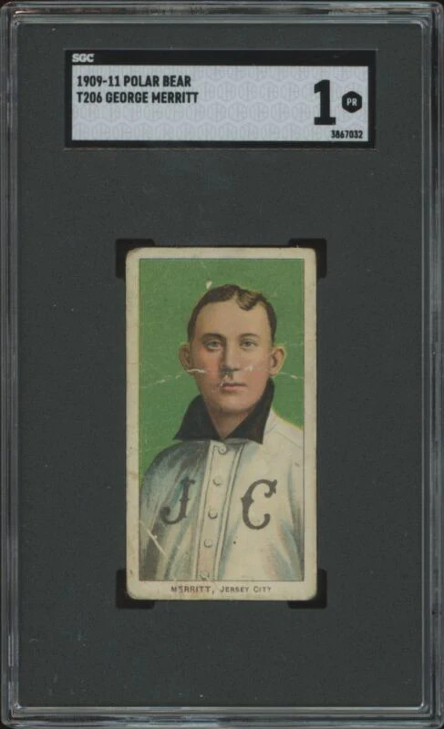 1909 T206 GEORGE MERRITT NNO POOR POLAR BEAR SGC 1 BASEBALL JERSEY CITY SKEETERS