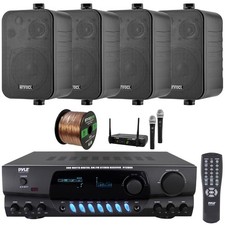 Pyle Home Audio Amplifier Receiver, 4x 4" Indoor/Outdoor Speakers, Mic System