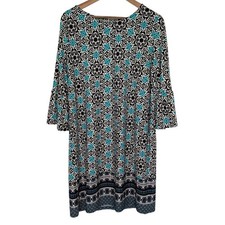 KIM ROGERS Geo Print Shift Dress Black Teal Size Small Business Casual