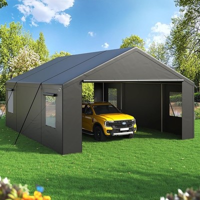 20 x 20FT Carport Canopy Heavy Duty Car Port with Windows , Side-Opening Door