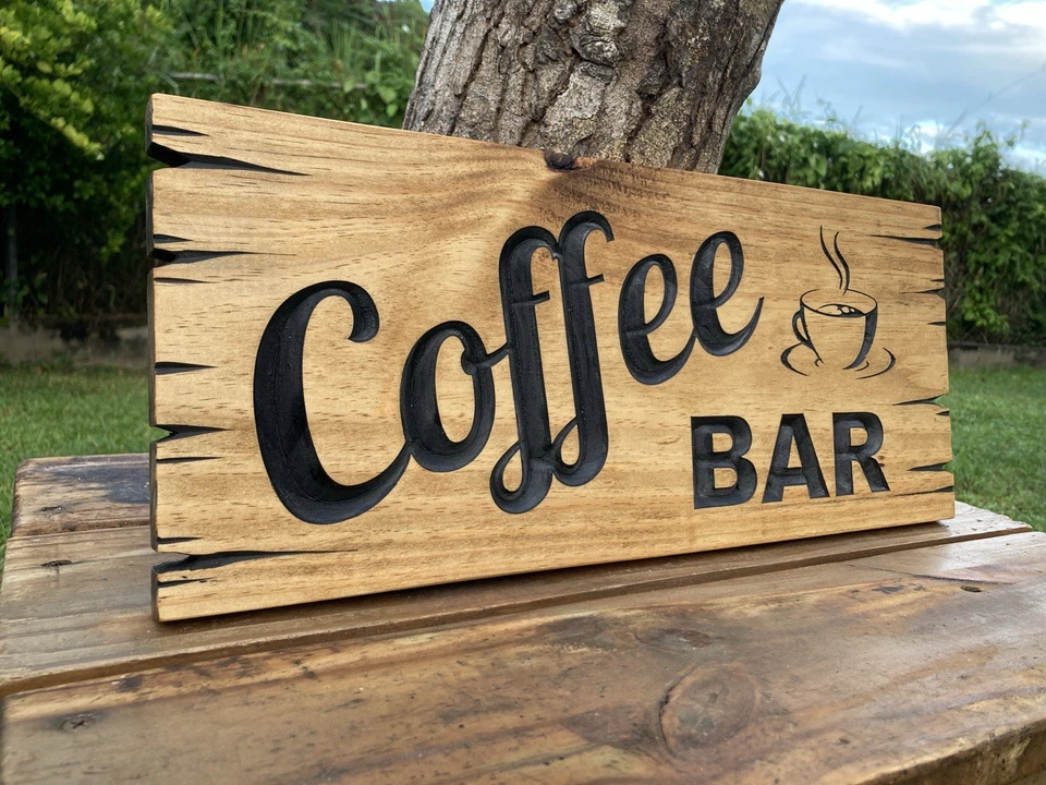 Placa de madeira para bar de café decoração rústica esculpida em café aparência antiga - Imagem 4 de 4