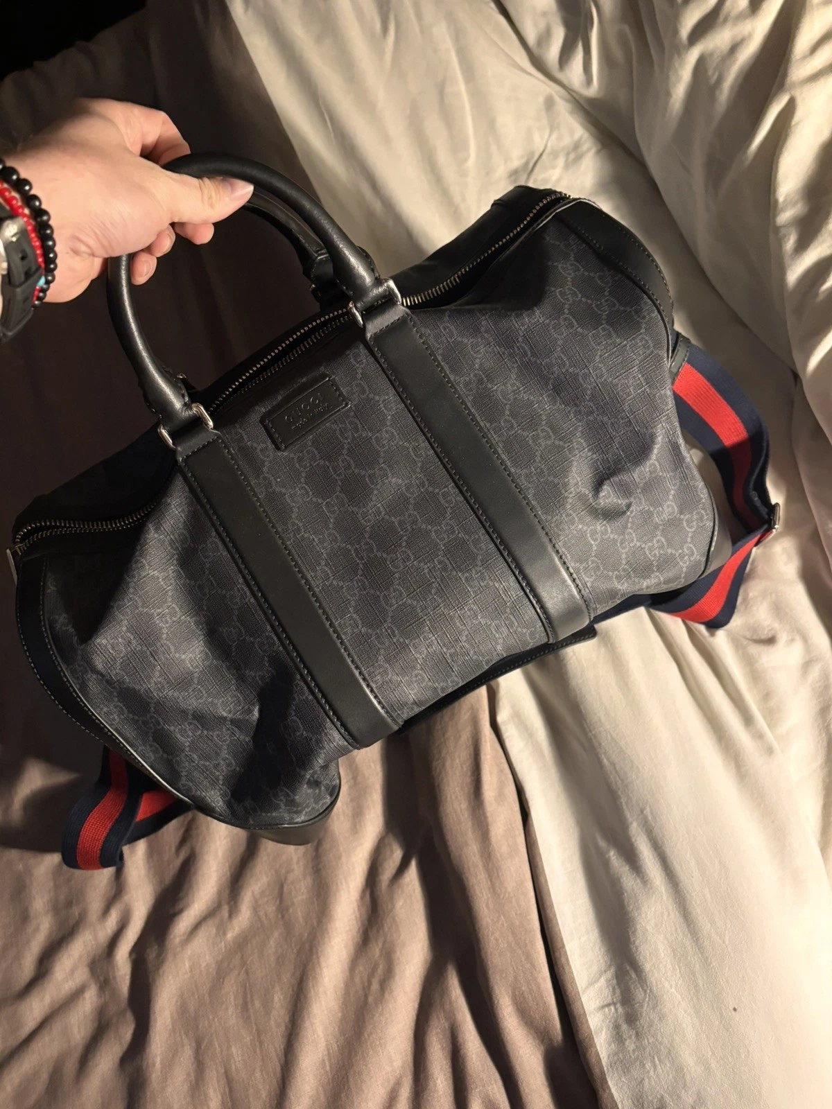 Gucci GG Supreme Soft Canvas Carry On Duffle Bag Leather Trim