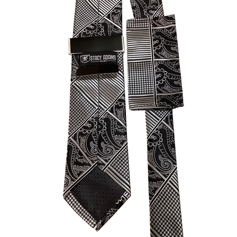 STACY ADAMS Men's Necktie & Pocket Square Set Designer Geometric Black/Gray NWT - Image 4 of 4