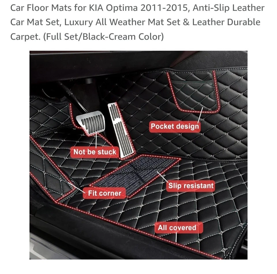 Alfombrillas de coche Custom Fit para KIA Optima 2011-2015, juego completo, negro/crema Foto 2 de 4