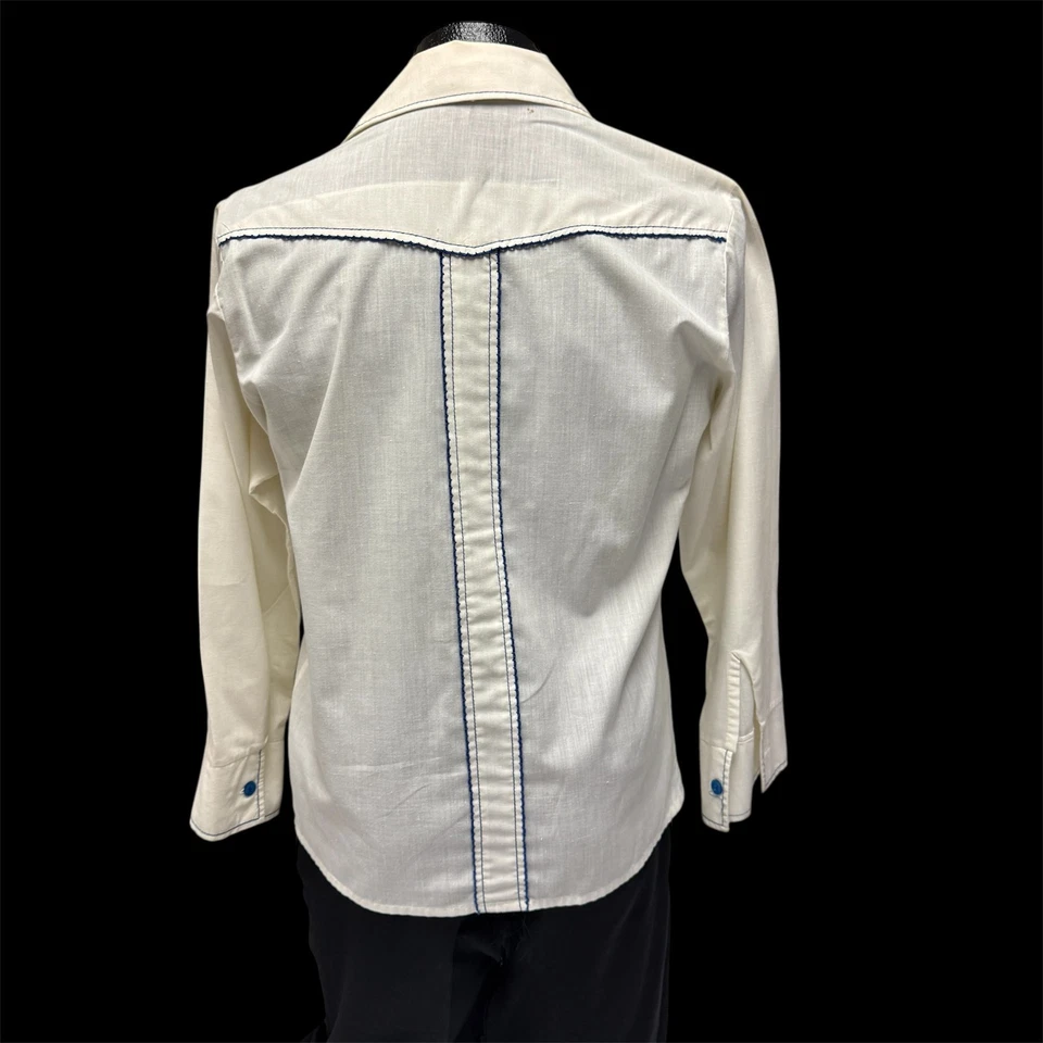 复古 70 年代 Fanny 男式白色蓝色刺绣纽扣 MOD 迪斯科衬衫 Smock M — 第 3/4 张图片