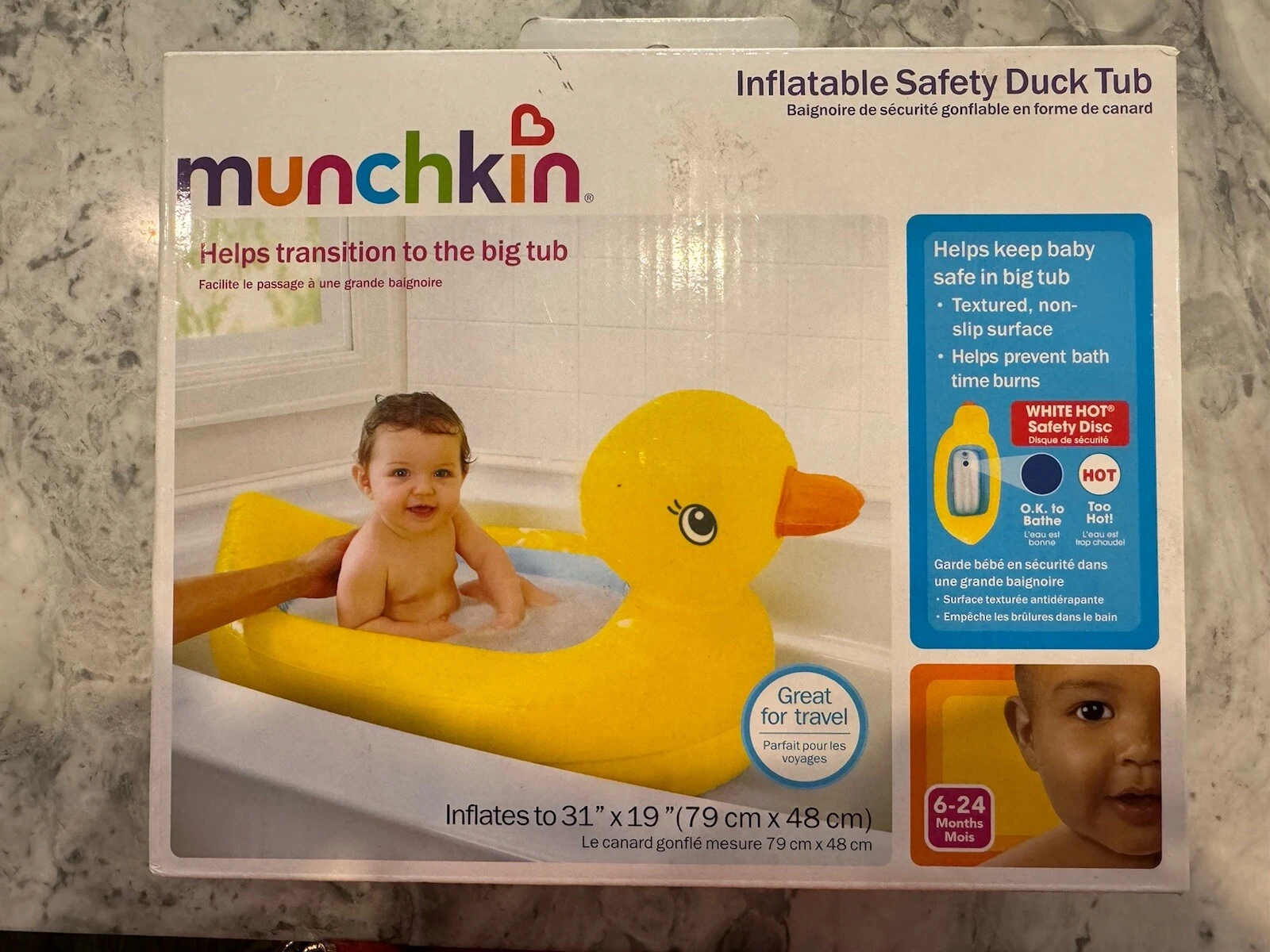 New In Box Inflatable Bath Temp Safety Tub Munchkin Duck Shaped 6-24M Travel
