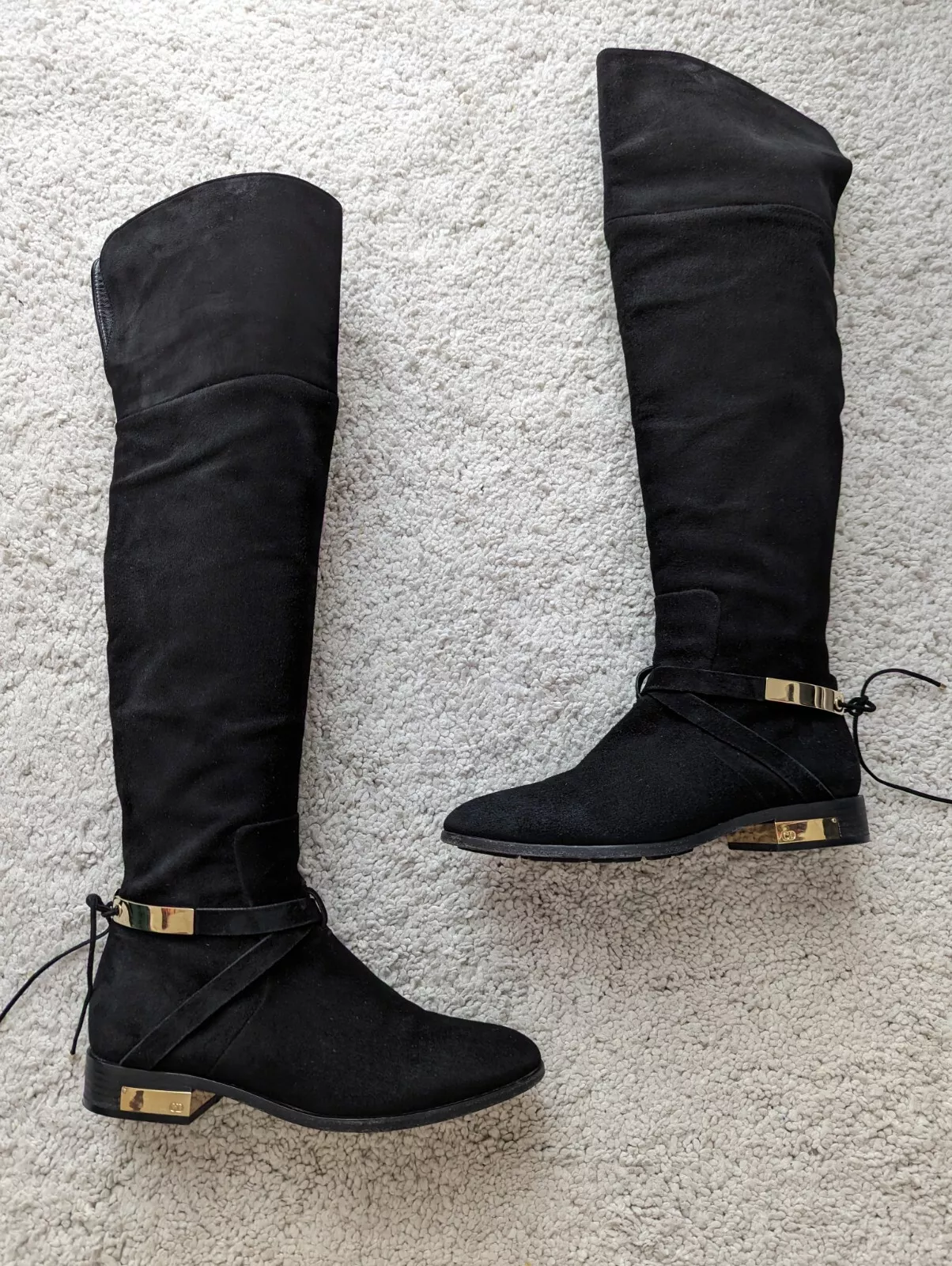 Bottes d'équitation hautes Christian Dior CD Over The Knee chaussures en daim noir boucle dorée