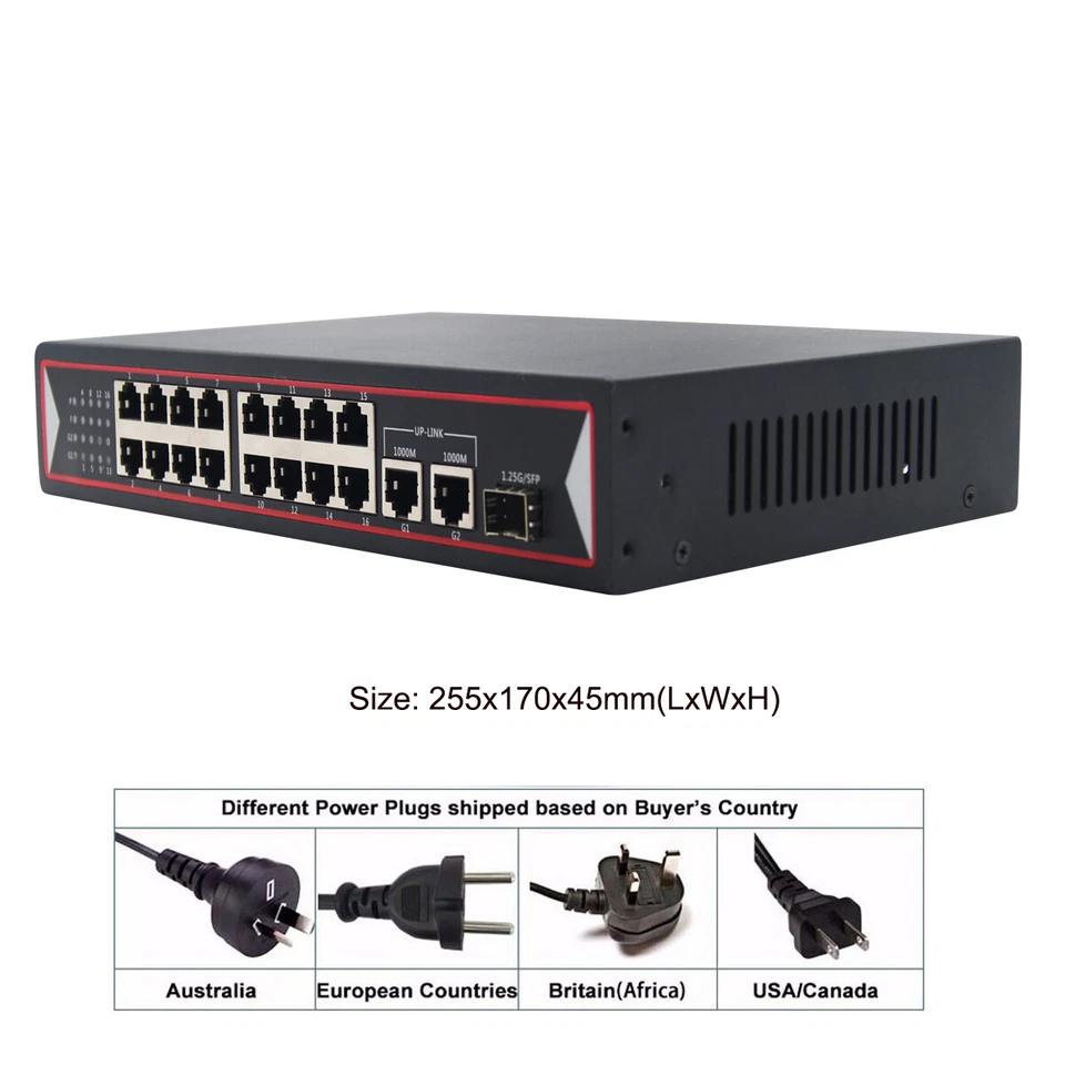 16 Port PoE Switch with Gigabit Uplink and SFP 150W for Network IP Cameras NVR - Image 4 of 4