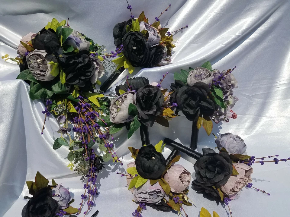 15 Pc Dusty Purple, Lavender, Black Wedding Bouquet Set, Vintage Bouquet Package - Image 3 of 4