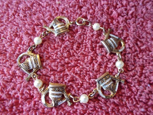 Bracelet Made in Spain Brass Vintage Gardener Watering Cans Faux Pearls 6-1/2"