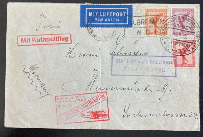 1930 Germany Catapult Ship To Shore Airmail Cover SS Bremen To Wesermunde