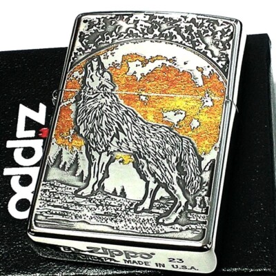 Zippo Continent Wolf Howl Silver Etching Oil Lighter Regular Case Japan