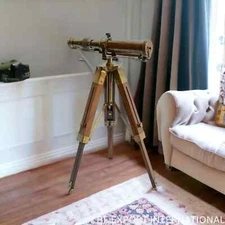 12" Antique Brass Telescope with Wooden Tripod for Nautical Decor, Collectible