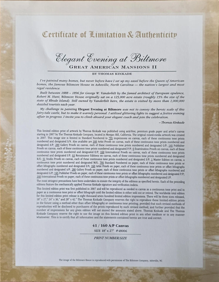 Thomas Kinkade 比尔特莫尔优雅之夜 A/P 18X27 油画布 — 第 3/4 张图片