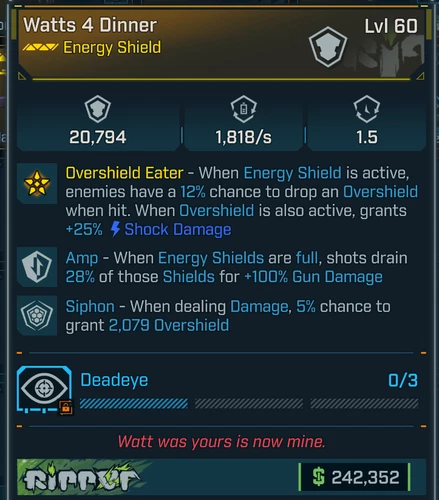 Borderlands 4 • Legendary Shield • Watts 4 Dinner • Amp Siphon • PS PC XBOX