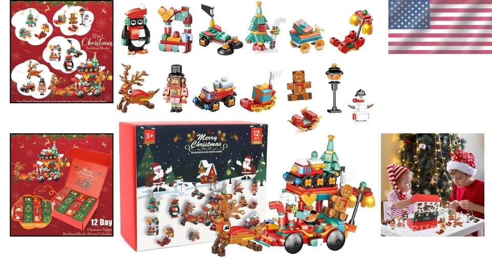Christmas Advent Calendar 12-in-1 Building Blocks Kids Toys Holiday Gift - Image 2 of 4