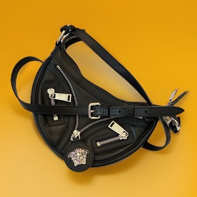 New Versace Repeat La Medusa Small Hobo Shoulder Bag Black Calfskin Leather 