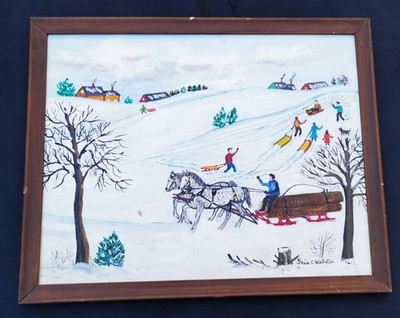 Iris E. Webster Folk Art  Hauling Logs to the Mill  1969 Winter Horse Sleigh