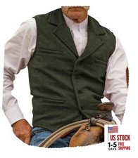 Hunting Aged Mens Tweed Vests Herringbone Waistcoats Retro X-Large Army Green