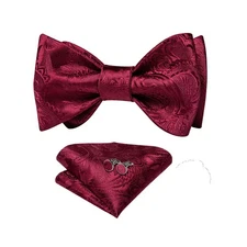Mens Bowtie Selftied Burgundy Red Bow Tie Set Wedding Event Hankie Cufflinks