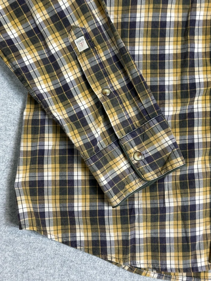 Guess Shirt Mens Medium Yellow Black Plaid Western Pearl Snap Yoke Long Sleeve - Image 3 of 4