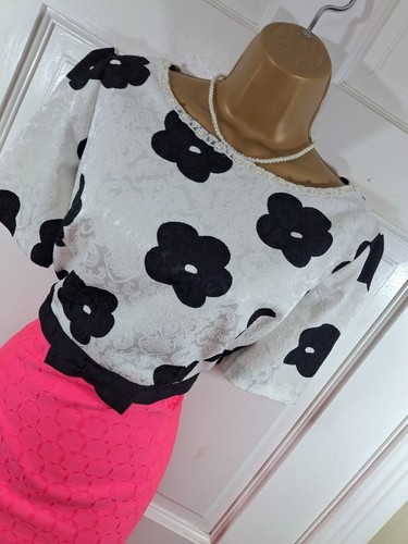 Daisy May Pink Black & White Floral Lined Beaded Dress, UK 14, Immaculate Cond - Picture 2 of 9