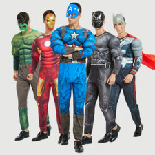 New Adult Mens Superhero Muscle Jumpsuit Mask Ironman Spiderman Cosplay Costume