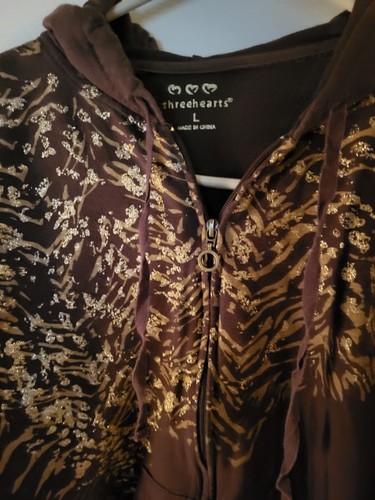 Three Hearts Size L Teen Brown Gold Sparkle Accents Hoodie Full Zip 24 L 21 Acro - Picture 3 of 24