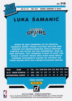 2019-20 DONRUSS RATED ROOKIE RC LUKA SAMANIC SAN ANTONIO SPURS