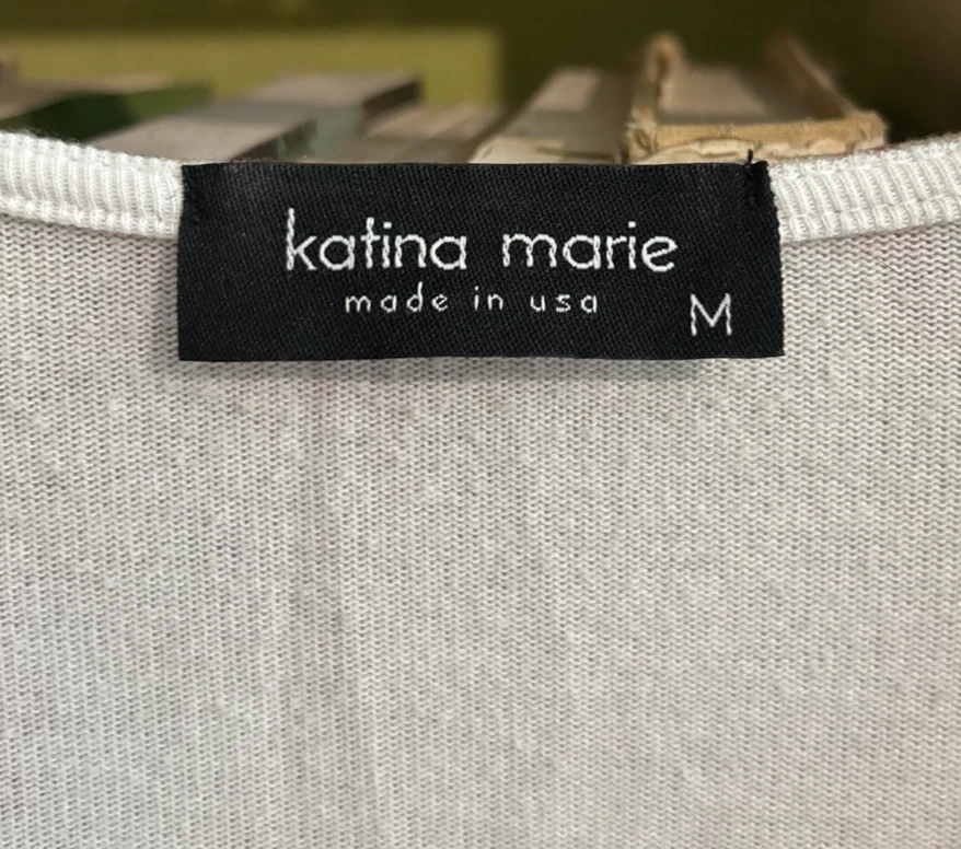 Katina Marie 女式 Hi-Lo 抽象艺术上衣橙色灰色美丽 3/4 袖 M — 第 3/4 张图片