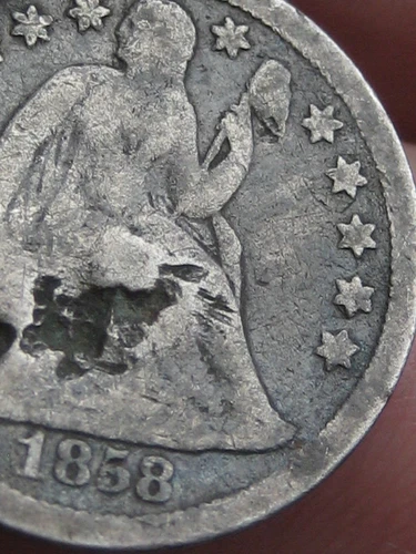 1858 O Seated Liberty Silver Dime- New Orleans, Good/VG Details
