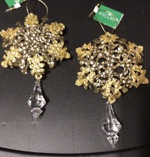 Kurt Adler Christmas Gold Glitter Snowflake With Dangle Ornaments 2 New