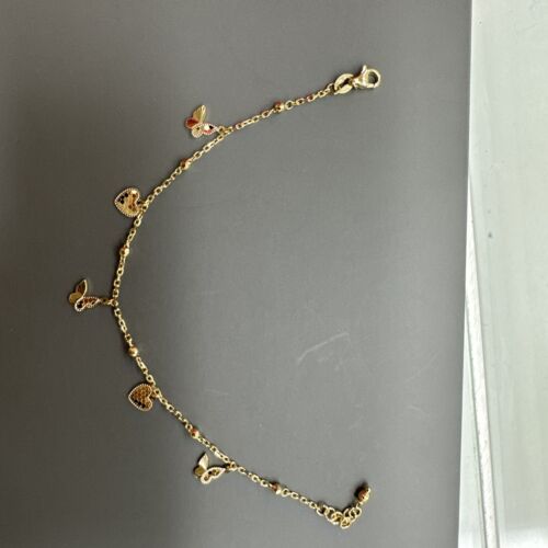 18k Yellow Gold Diamond Cut ❤️ N Butterfly Charm Bracelet Adj 6.5” To 7 “ - Picture 5 of 6
